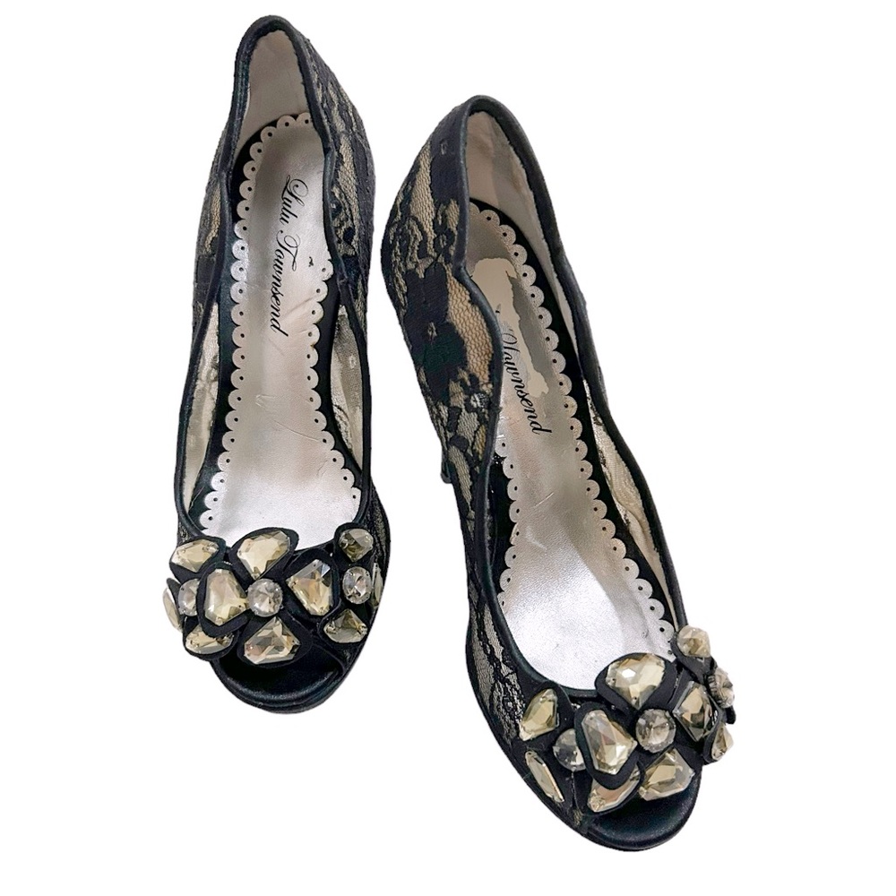 Lulu Townsend Black & Nude Jeweled Ivan Lace Peep Toe Pumps, Size 7 1/2
